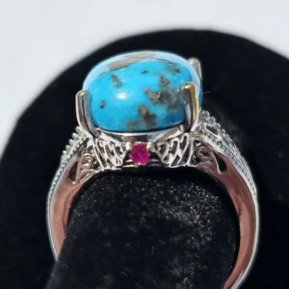 Genuine Turquoise w/Pyrite & Ruby Platinum/925 🦋 Size 9! - Picture 3 of 8